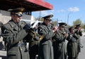 A military brass band marching on the parade ground of the internal troops. Royalty Free Stock Photo