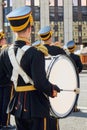 Military brass orchestra musicians on urban public music festival. Royalty Free Stock Photo