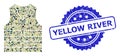 Textured Yellow River Stamp Seal and Military Camouflage Collage of Yellow Vest
