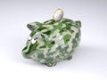 Military camouflage painted piggy bank with euro coin