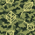 Military camouflage. Seamless pixel pattern with leaves.Woodland digital style. Old games. 8 bit.