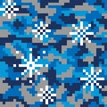 Military camouflage. Seamless pixel pattern with snowflakes.Woodland digital style. Old games. 8 bit.