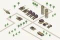 Military camp isometric vector illustration. Combat training ground with watchtowers, heavy machinery, armored