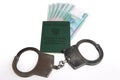 Military card of officer, handcuffs and money isolated