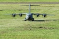 Military cargo airplane(A-400M)-landing on grass runway