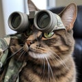 Military Cat, Partisan, Terrorist, Scout, Very Severe Cat Prepared for War in a Military Uniform