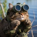 Military Cat, Partisan, Terrorist, Scout, Very Severe Cat Prepared for War in a Military Uniform