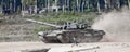Tests of Russian military equipment, smoke, dust. modernized mai Royalty Free Stock Photo