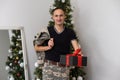 Military Christmas, Veterans gift box. American soldier offering a package