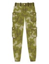 Military clothes, equipment for soldier. Woodland camouflage style, isolated icon. Isolated pants. Flat cartoon, vector