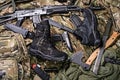 Military clothing-shoes and variety of weapons.Top view