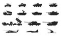 Military combat vehicles icon set. army and weapon symbol. vector image for military infographics and concepts