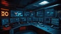 Military command center monitoring global situation with multiple screens displaying data Royalty Free Stock Photo