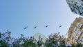 Military copters in the air above the head Royalty Free Stock Photo