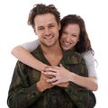 Military couple in portrait, hug for welcome and people smile with love on white background. Soldier in army, reunion Royalty Free Stock Photo