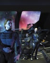 Military crew aboard a spaceship traveling in space near a nebula, 3d illustration