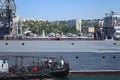 Military cruiser `Moscow` with sailors in Sevastopol bay. Russian Soviet guards missile cruiser