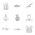 Military defense icons set, outline style