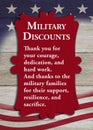 Military Discounts message on USA flag stars and stripes