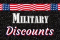 Military Discounts type message with USA stars and stripes ribbon