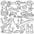 Military doodle hand drawn set collections with outline black and white style Royalty Free Stock Photo