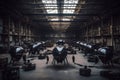 military drone factory production with drones line up for war , generative AI