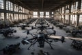 military drone factory production with drones line up for war , generative AI