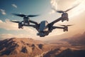 Military drone flying in sky over hilly area. Autonomous surveillance aircraft, modern military technology. Generative AI