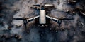 Military drone with surveillance camera stands on dirty ground close up