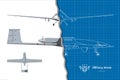 Military drone top, side, front view. Isolated 3d army plane. Modern unmanned bomber outline blueprint