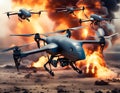 Military drones attack on battlefield with explosion, fire and smoke