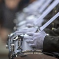 Military drummers play drums. Close-up selective focus.