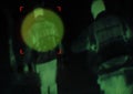 Military, enemy and target in night vision, overlay or dark green silhouette of spy, agent or terrorist risk to soldier