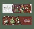 Military equipment banner, vector illustration. Army shop website header in flat style. Camouflage uniform and weapons