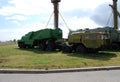 Military equipment costs under the open sky. Exhibit of the Technical museum K.G. Sakharova in the city of Togliatti. Royalty Free Stock Photo