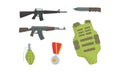 Military Equipment of Khaki Color with Vest and Grenade Vector Set