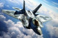 Military F 22 fighter jet flying Royalty Free Stock Photo