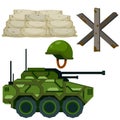 Military facility. Army base. Barricade, firing point. Shelter and tank.
