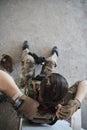 Military female soldier having a break