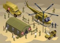 Military field hospital, Helicopter and a military medical car illustration isometric icons on isolated background