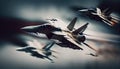 Military fighter aircraft at high speed, flying high in the sky sunset Royalty Free Stock Photo