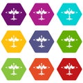 Military fighter aircraft icon set color hexahedron Royalty Free Stock Photo