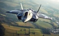 Military fighter jet close up flying through the air over green fields. Created with generative Ai Royalty Free Stock Photo