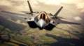 Military fighter jet close up flying through the air over green fields. Created with generative Ai Royalty Free Stock Photo