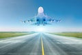 Military fighter jet flies at high speed over the taxiway at the airport. Royalty Free Stock Photo