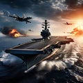 A military fighter jet flies over a destroyer ship in the ocean.