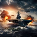 A military fighter jet flies over a destroyer ship in the ocean.