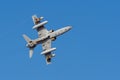 Military fighter jet flying fast through the air in coordination with team. War, combat, teamwork, precision concepts. UAQ Union Royalty Free Stock Photo