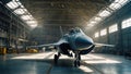 Military fighter jet in a hangar of an military plant