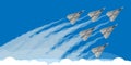 Military fighter jet with sky smoke trail background illustration vector. Air show plane fly acrobatic performance. Speed army